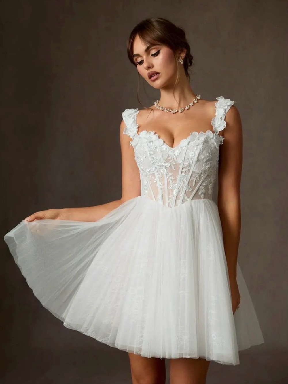 Azazie Sorel ball gown wedding reception mini dress floral lace
